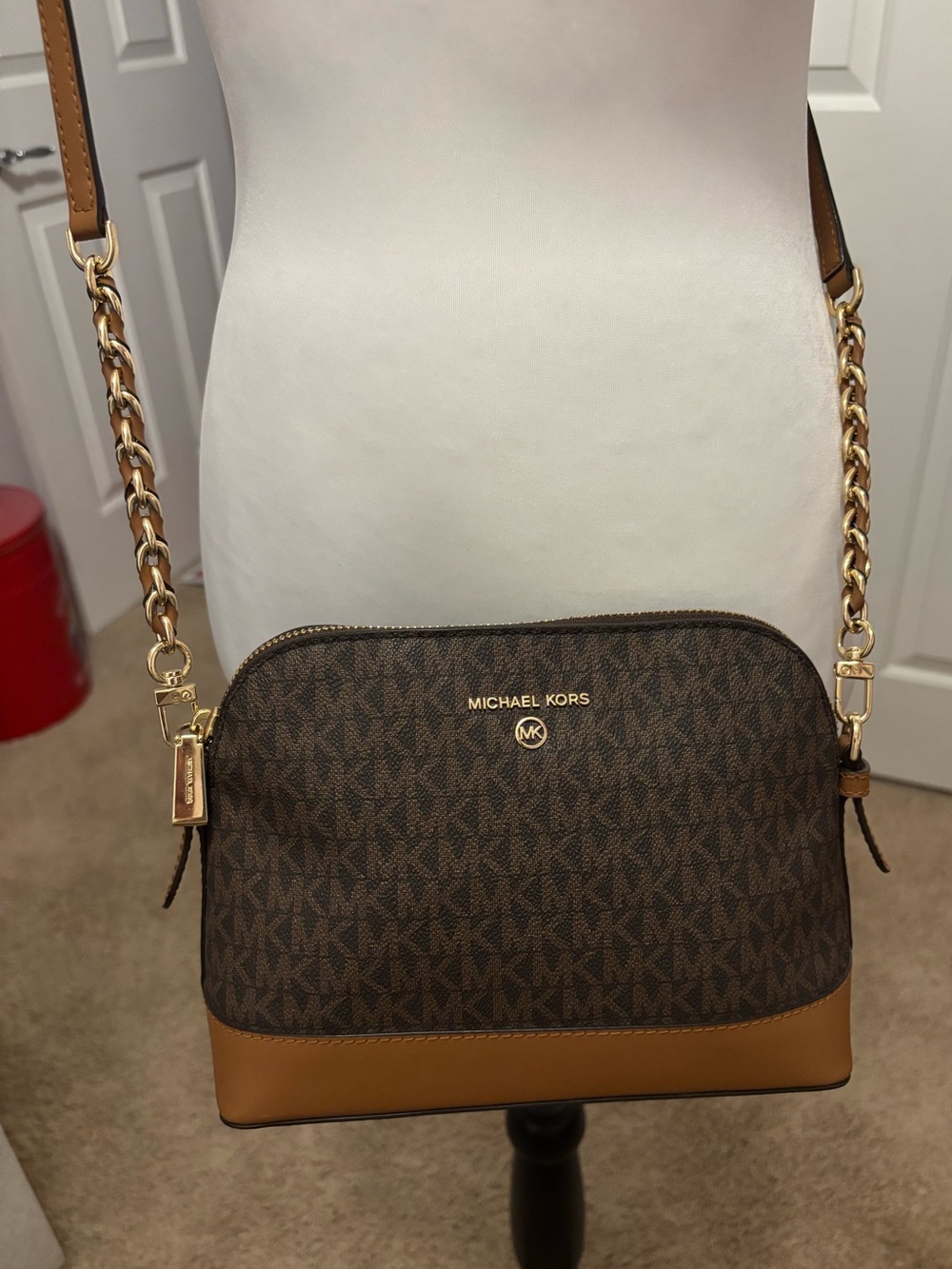 Michael Kors Brown Logo Dome Crossbody Purse with Tan Trim